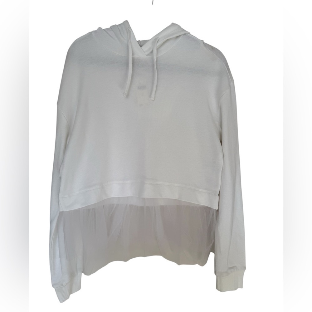 PILCRO Women’s White Long Sleeve Hooded Sweatshirt with Tulle- Size Small- NWT